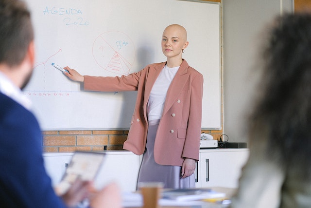 person presenting from a whiteboard